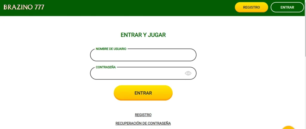 Interfaz de login de Brazino777 mostrando el formulario de acceso con el botón “Entrar” resaltado, lista para que los jugadores inicien sesión y accedan al casino.