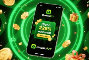 Promoción de bonos móviles en la app de Brazino777 con diseño temático verde y monedas doradas.