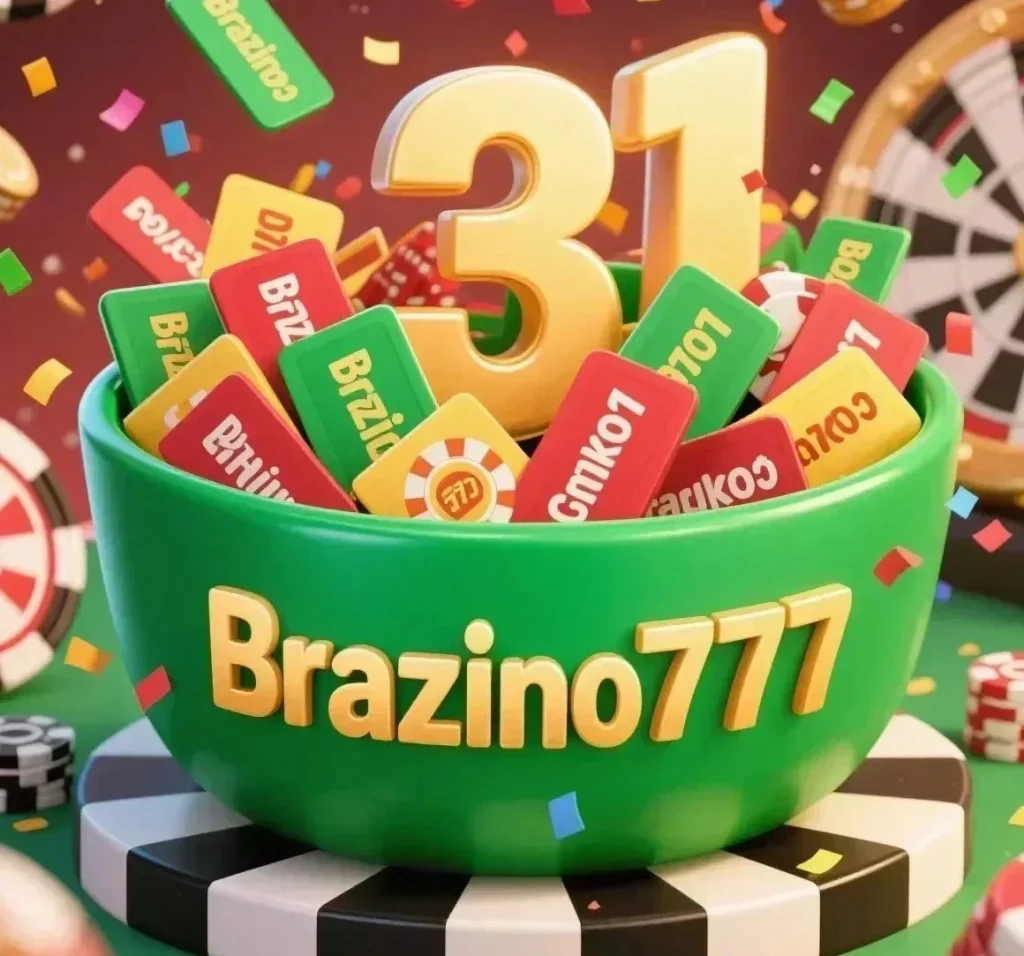 Códigos promocionales Brazino777 representados en un frasco verde rodeado de fichas y dados de casino