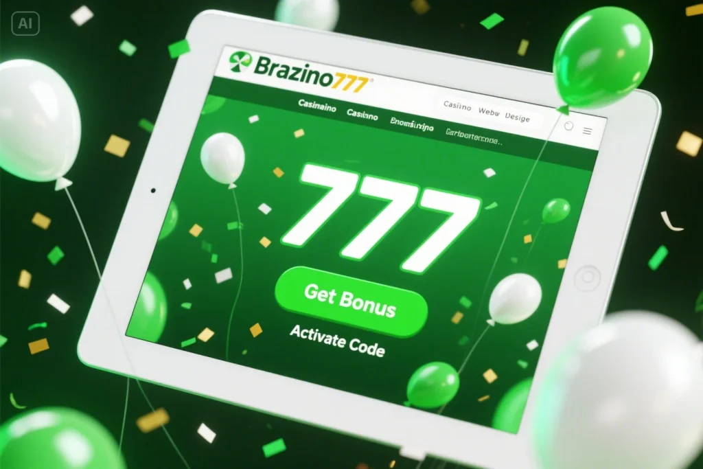 Usuario celebrando al activar código promocional Brazino777 en su dispositivo, con botón “Obtener bono” destacado y confeti verde en el fondo.